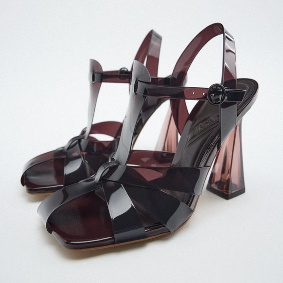 Zara Shoes Nwt Brown Vinyl Caged Heeled Sandals W Methacrylate Heel